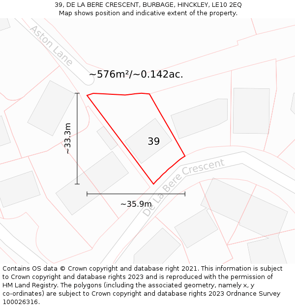 39, DE LA BERE CRESCENT, BURBAGE, HINCKLEY, LE10 2EQ: Plot and title map