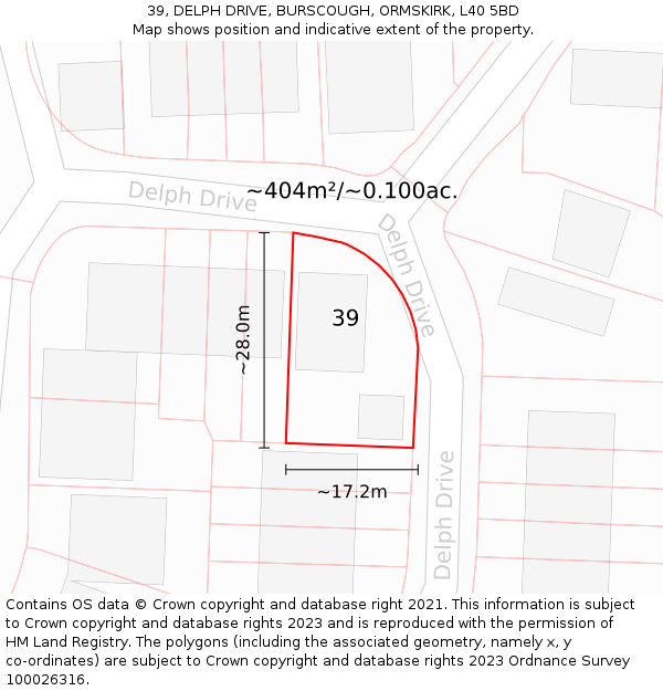 39, DELPH DRIVE, BURSCOUGH, ORMSKIRK, L40 5BD: Plot and title map