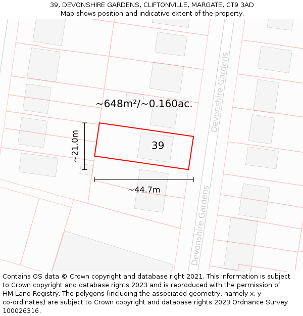 39, DEVONSHIRE GARDENS, CLIFTONVILLE, MARGATE, CT9 3AD: Plot and title map