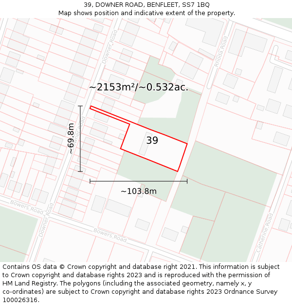 39, DOWNER ROAD, BENFLEET, SS7 1BQ: Plot and title map