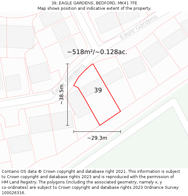 39, EAGLE GARDENS, BEDFORD, MK41 7FE: Plot and title map