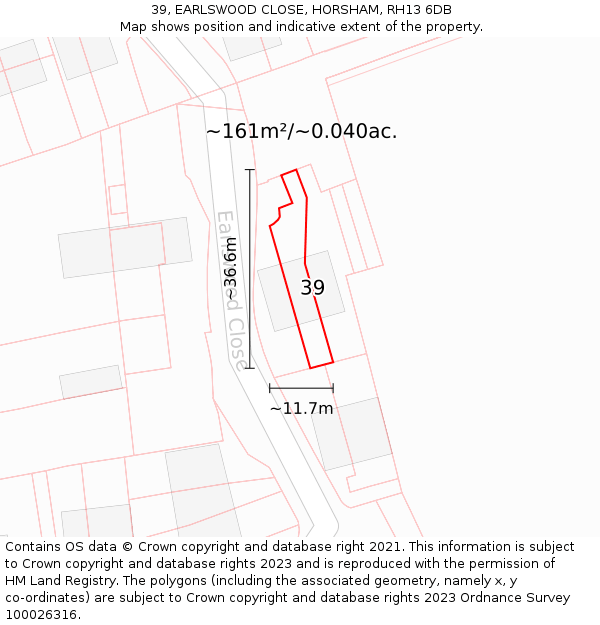 39, EARLSWOOD CLOSE, HORSHAM, RH13 6DB: Plot and title map