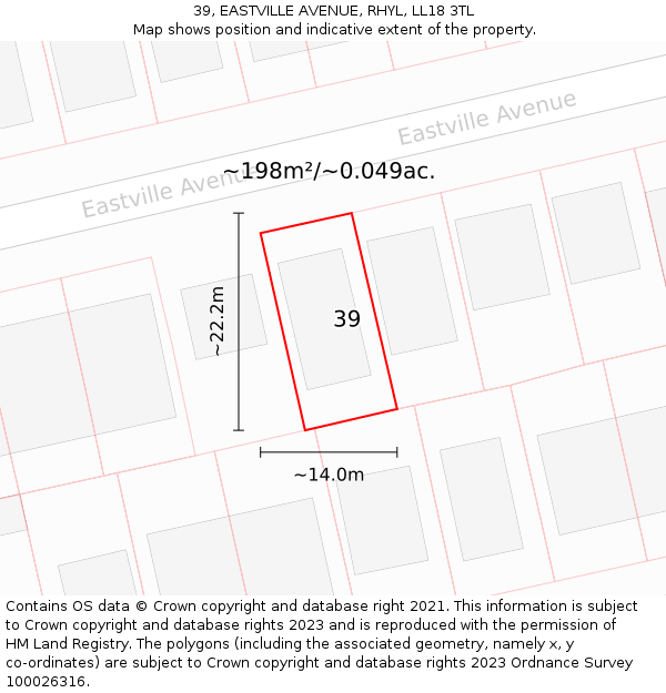 39, EASTVILLE AVENUE, RHYL, LL18 3TL: Plot and title map