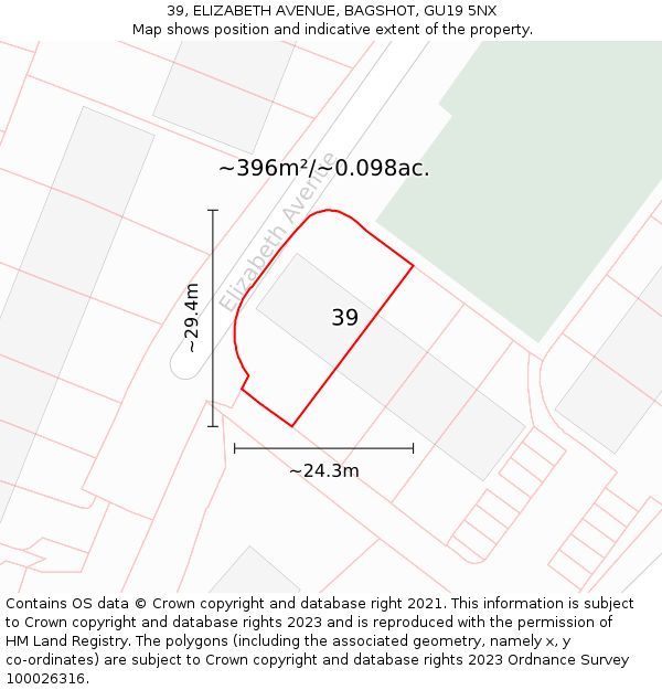 39, ELIZABETH AVENUE, BAGSHOT, GU19 5NX: Plot and title map