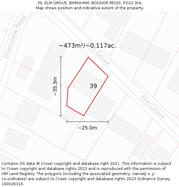 39, ELM GROVE, BARNHAM, BOGNOR REGIS, PO22 0HL: Plot and title map