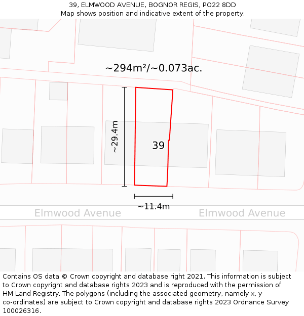 39, ELMWOOD AVENUE, BOGNOR REGIS, PO22 8DD: Plot and title map