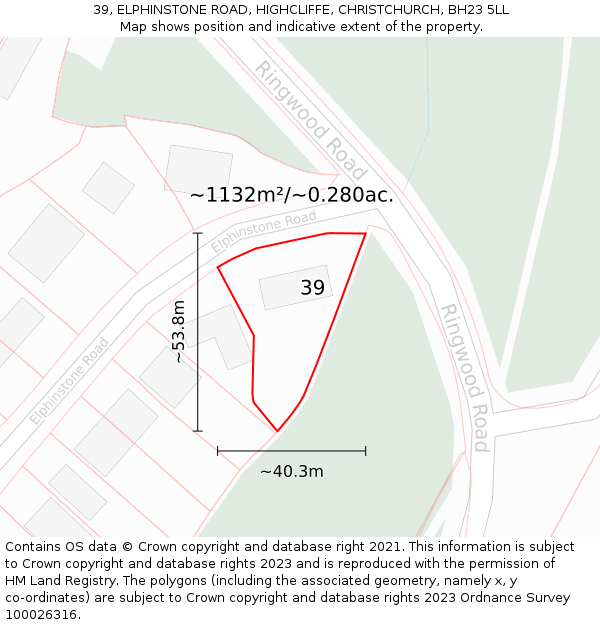 39, ELPHINSTONE ROAD, HIGHCLIFFE, CHRISTCHURCH, BH23 5LL: Plot and title map