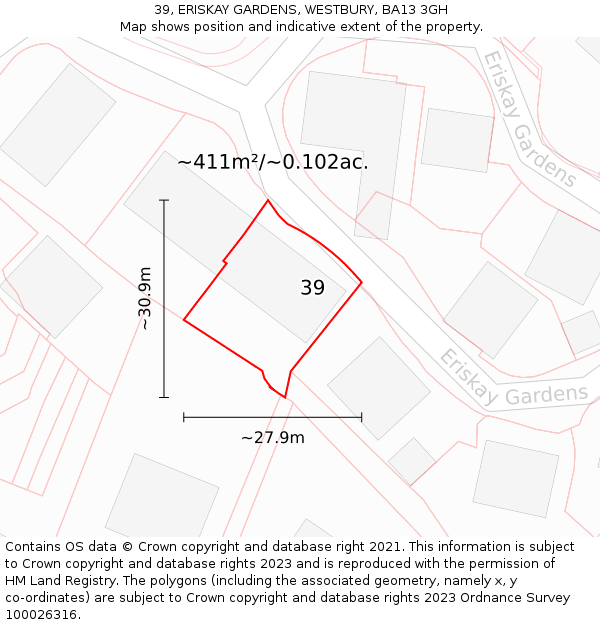 39, ERISKAY GARDENS, WESTBURY, BA13 3GH: Plot and title map