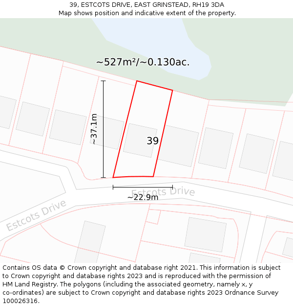 39, ESTCOTS DRIVE, EAST GRINSTEAD, RH19 3DA: Plot and title map