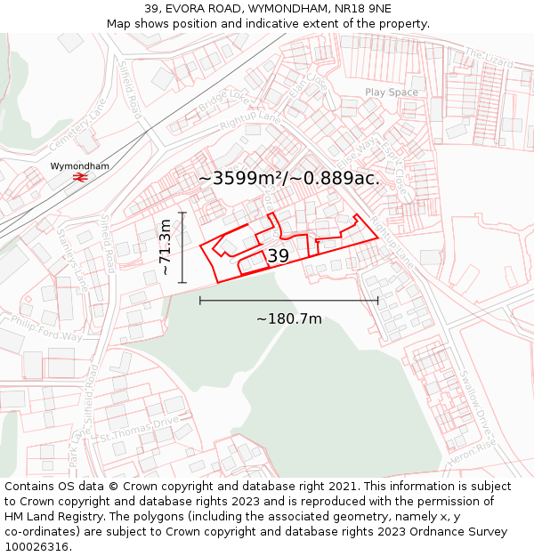 39, EVORA ROAD, WYMONDHAM, NR18 9NE: Plot and title map