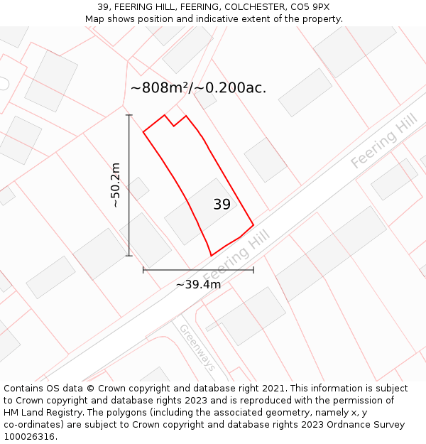 39, FEERING HILL, FEERING, COLCHESTER, CO5 9PX: Plot and title map