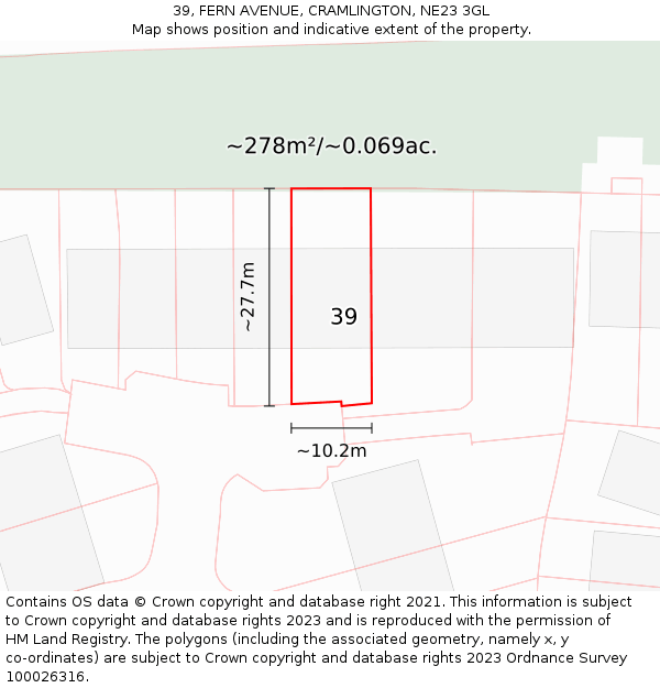 39, FERN AVENUE, CRAMLINGTON, NE23 3GL: Plot and title map