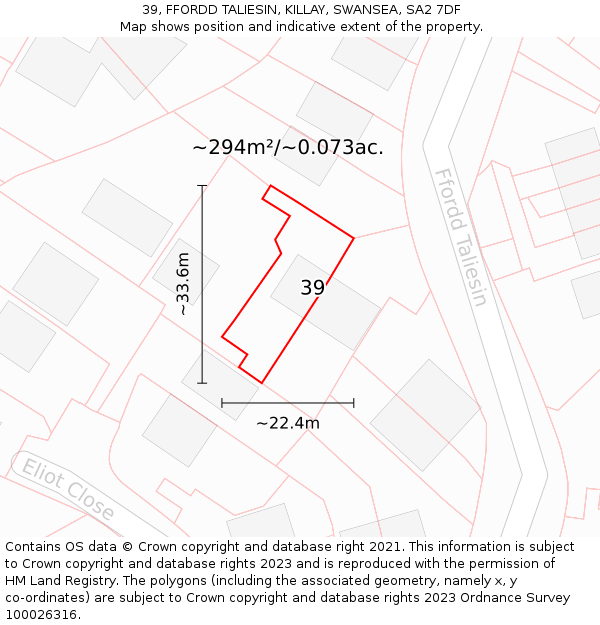 39, FFORDD TALIESIN, KILLAY, SWANSEA, SA2 7DF: Plot and title map