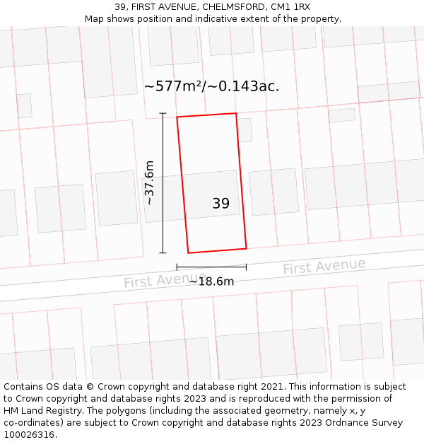 39, FIRST AVENUE, CHELMSFORD, CM1 1RX: Plot and title map