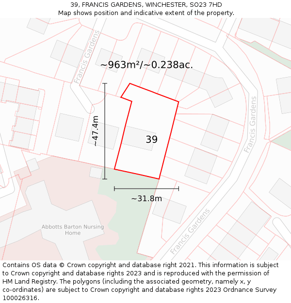 39, FRANCIS GARDENS, WINCHESTER, SO23 7HD: Plot and title map