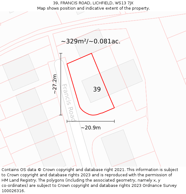 39, FRANCIS ROAD, LICHFIELD, WS13 7JX: Plot and title map