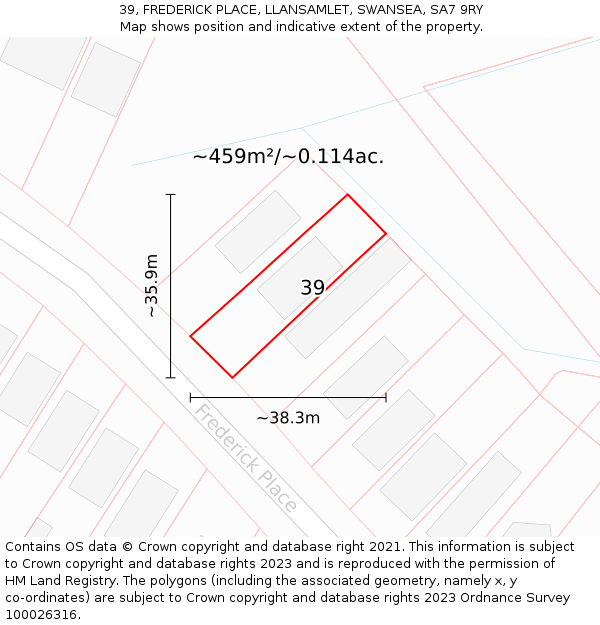 39, FREDERICK PLACE, LLANSAMLET, SWANSEA, SA7 9RY: Plot and title map