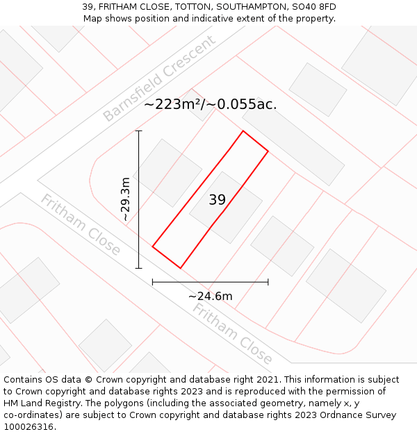 39, FRITHAM CLOSE, TOTTON, SOUTHAMPTON, SO40 8FD: Plot and title map