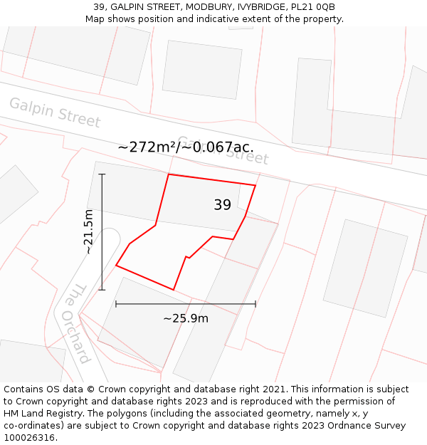 39, GALPIN STREET, MODBURY, IVYBRIDGE, PL21 0QB: Plot and title map