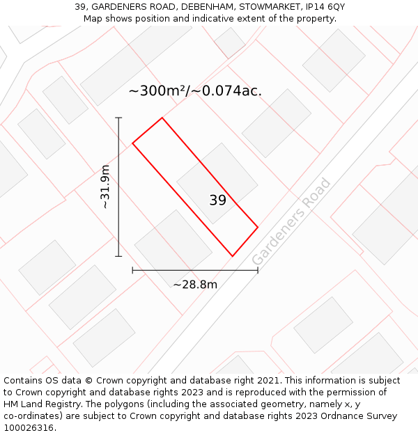 39, GARDENERS ROAD, DEBENHAM, STOWMARKET, IP14 6QY: Plot and title map