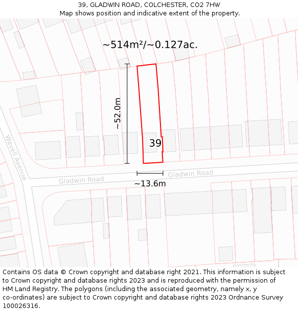 39, GLADWIN ROAD, COLCHESTER, CO2 7HW: Plot and title map