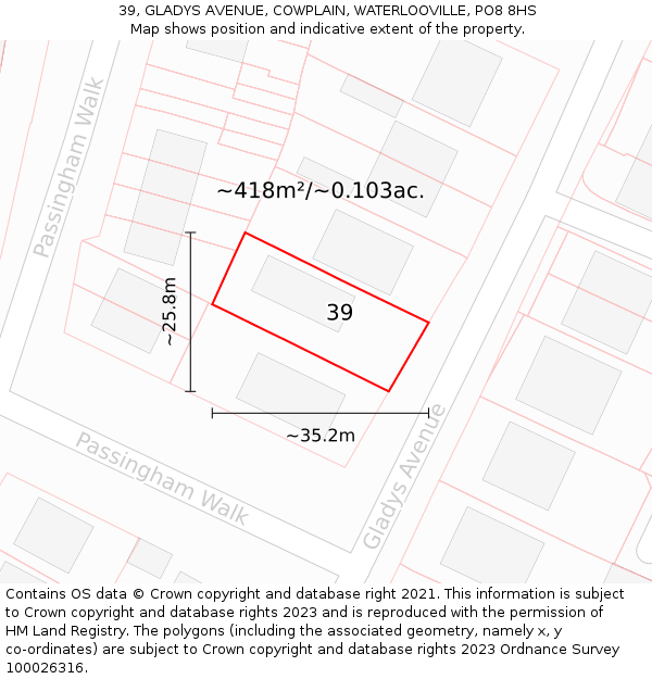 39, GLADYS AVENUE, COWPLAIN, WATERLOOVILLE, PO8 8HS: Plot and title map