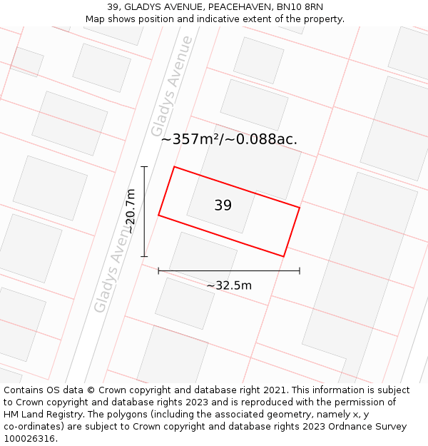 39, GLADYS AVENUE, PEACEHAVEN, BN10 8RN: Plot and title map