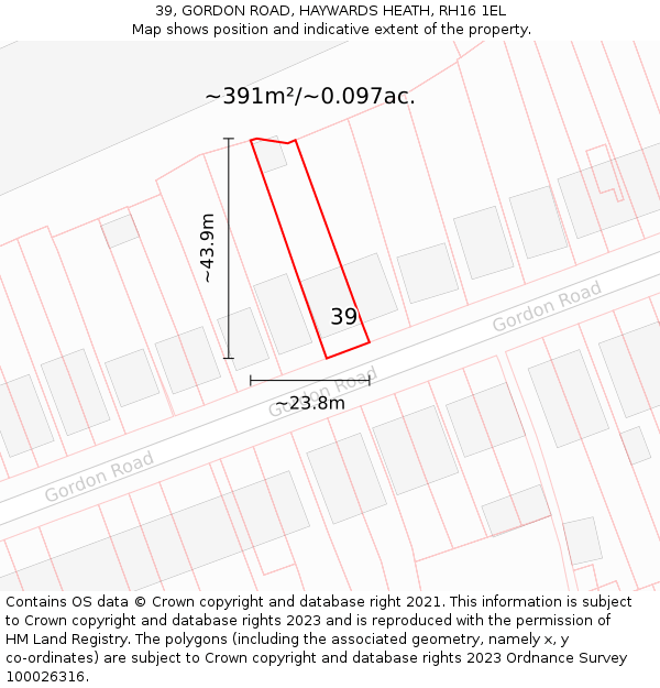 39, GORDON ROAD, HAYWARDS HEATH, RH16 1EL: Plot and title map