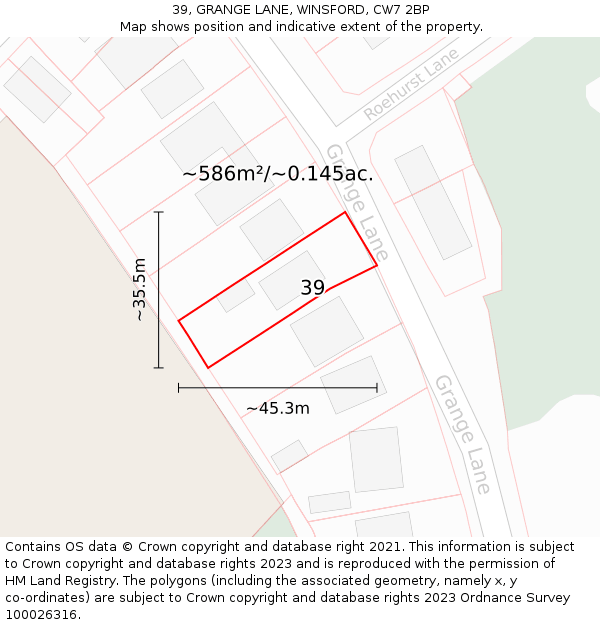 39, GRANGE LANE, WINSFORD, CW7 2BP: Plot and title map