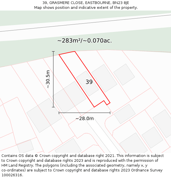 39, GRASMERE CLOSE, EASTBOURNE, BN23 8JE: Plot and title map