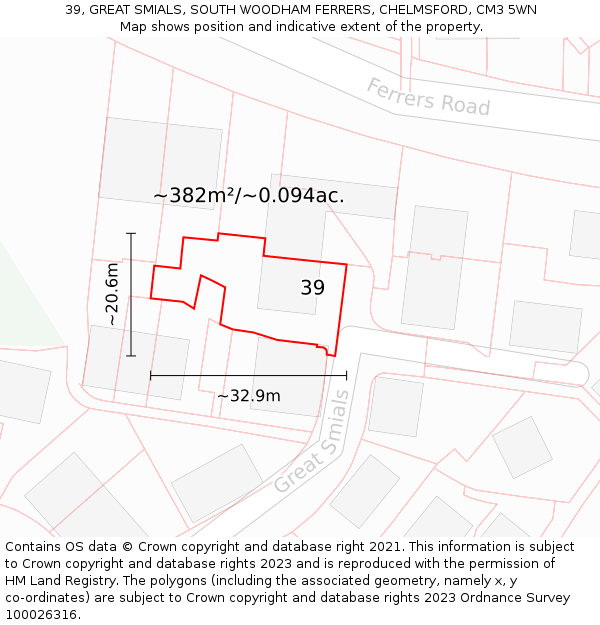 39, GREAT SMIALS, SOUTH WOODHAM FERRERS, CHELMSFORD, CM3 5WN: Plot and title map