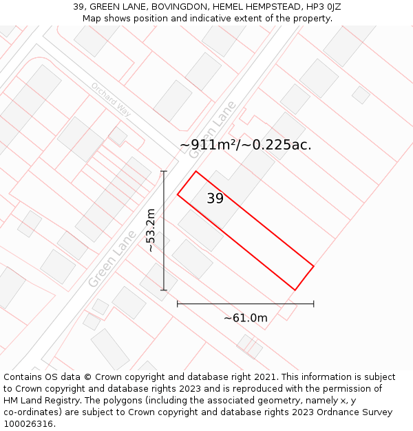39, GREEN LANE, BOVINGDON, HEMEL HEMPSTEAD, HP3 0JZ: Plot and title map