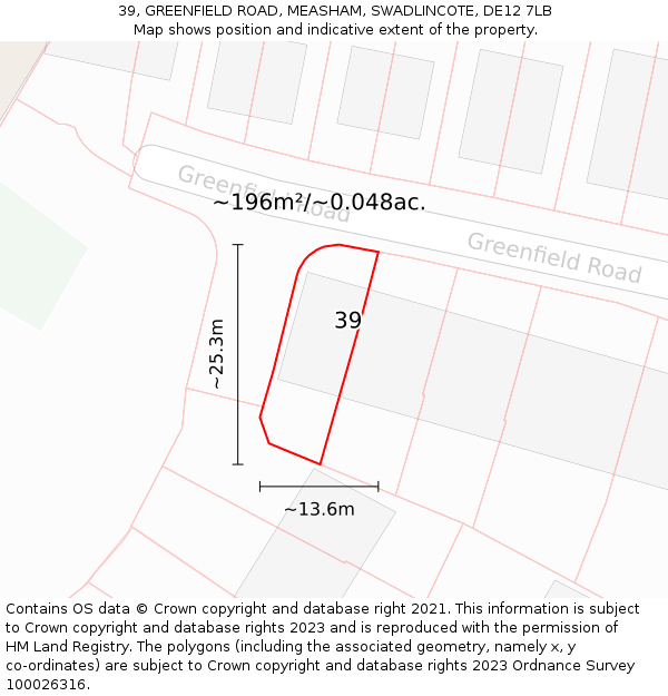 39, GREENFIELD ROAD, MEASHAM, SWADLINCOTE, DE12 7LB: Plot and title map