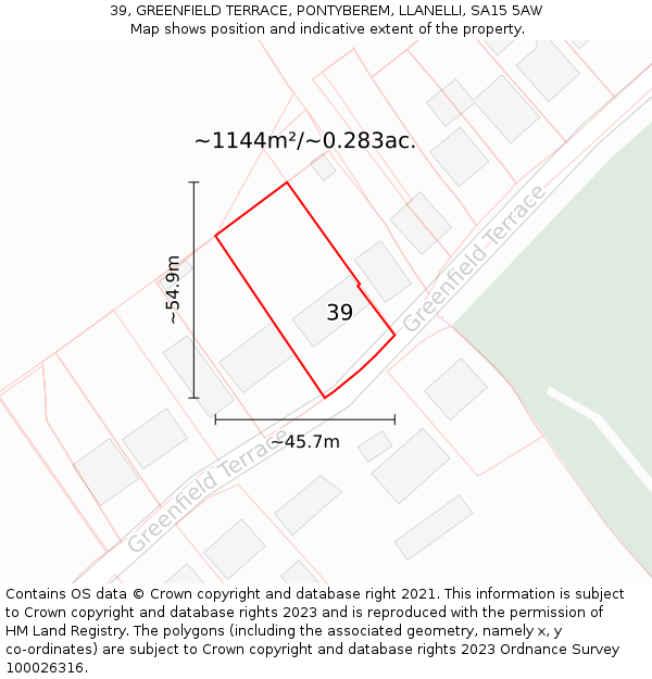 39, GREENFIELD TERRACE, PONTYBEREM, LLANELLI, SA15 5AW: Plot and title map