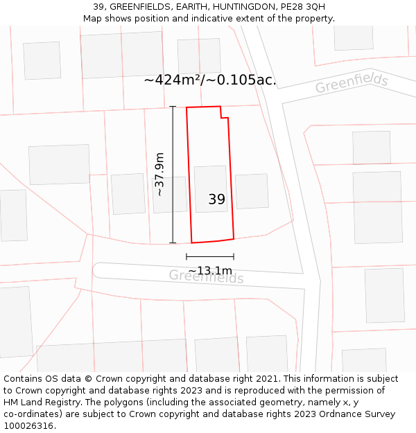 39, GREENFIELDS, EARITH, HUNTINGDON, PE28 3QH: Plot and title map