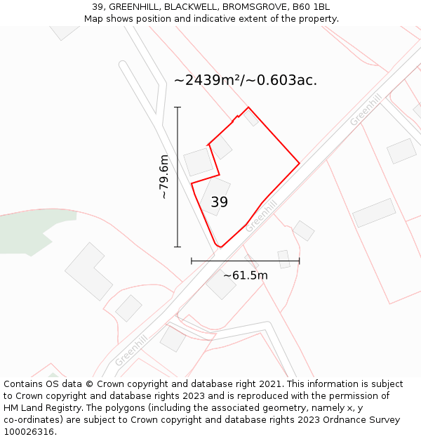 39, GREENHILL, BLACKWELL, BROMSGROVE, B60 1BL: Plot and title map