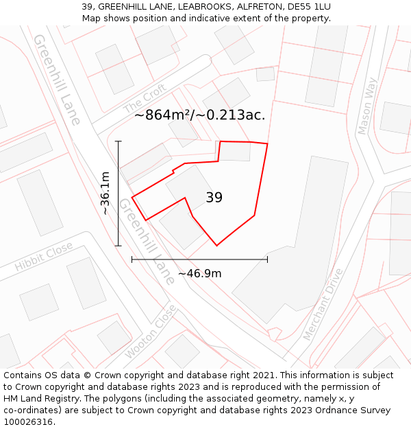 39, GREENHILL LANE, LEABROOKS, ALFRETON, DE55 1LU: Plot and title map