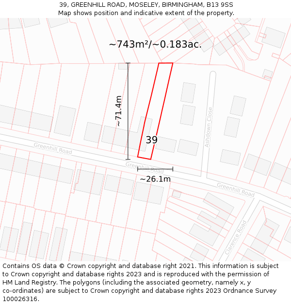 39, GREENHILL ROAD, MOSELEY, BIRMINGHAM, B13 9SS: Plot and title map