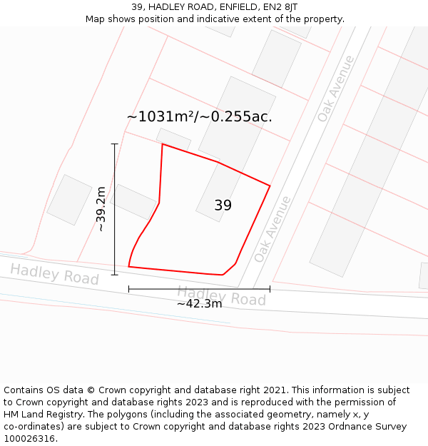 39, HADLEY ROAD, ENFIELD, EN2 8JT: Plot and title map