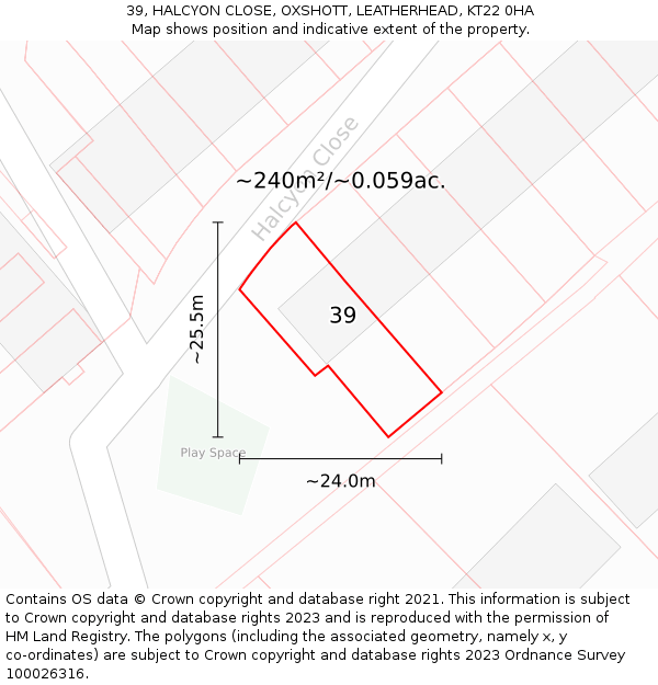 39, HALCYON CLOSE, OXSHOTT, LEATHERHEAD, KT22 0HA: Plot and title map