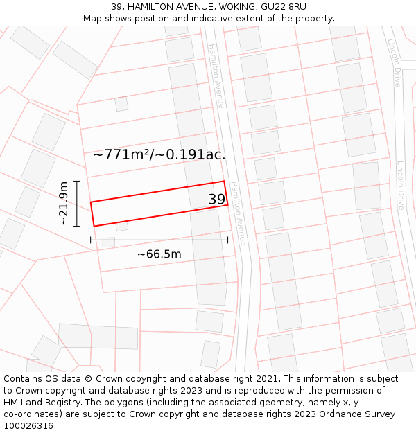 39, HAMILTON AVENUE, WOKING, GU22 8RU: Plot and title map