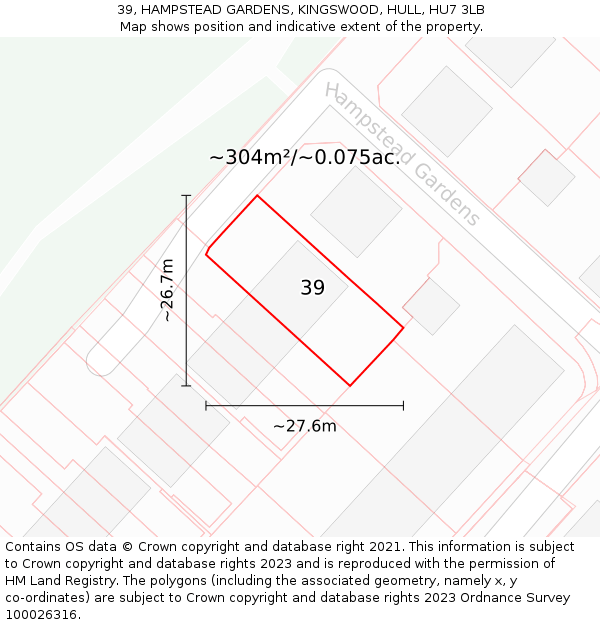 39, HAMPSTEAD GARDENS, KINGSWOOD, HULL, HU7 3LB: Plot and title map