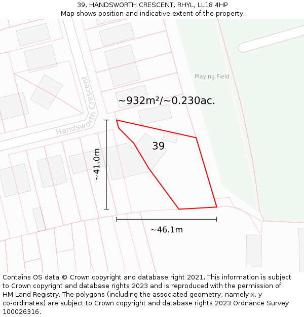 39, HANDSWORTH CRESCENT, RHYL, LL18 4HP: Plot and title map