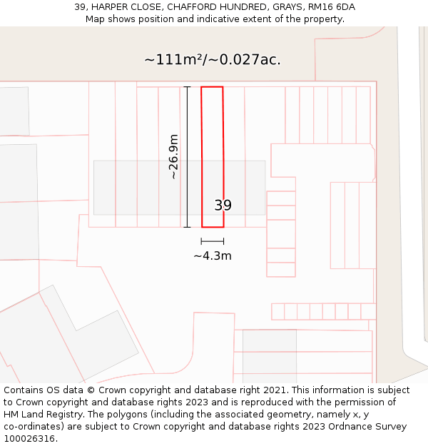 39, HARPER CLOSE, CHAFFORD HUNDRED, GRAYS, RM16 6DA: Plot and title map