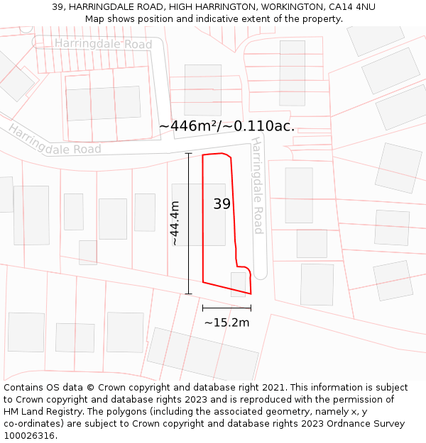 39, HARRINGDALE ROAD, HIGH HARRINGTON, WORKINGTON, CA14 4NU: Plot and title map