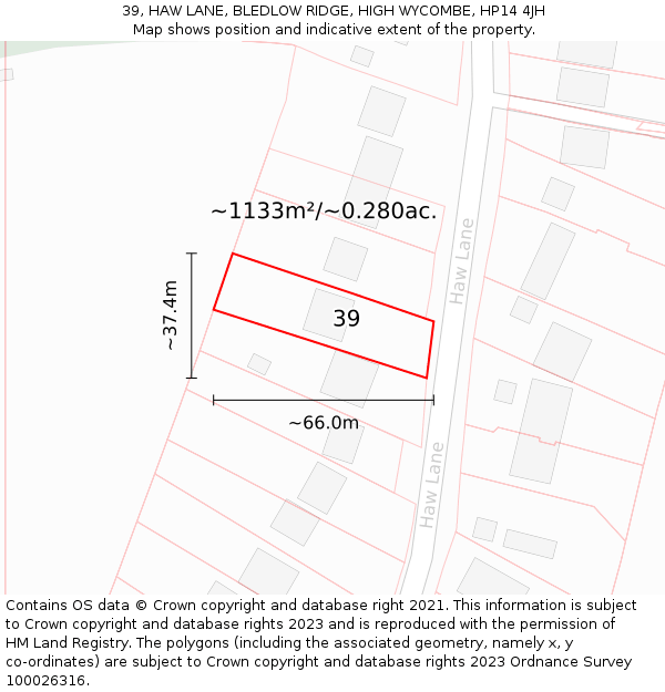 39, HAW LANE, BLEDLOW RIDGE, HIGH WYCOMBE, HP14 4JH: Plot and title map