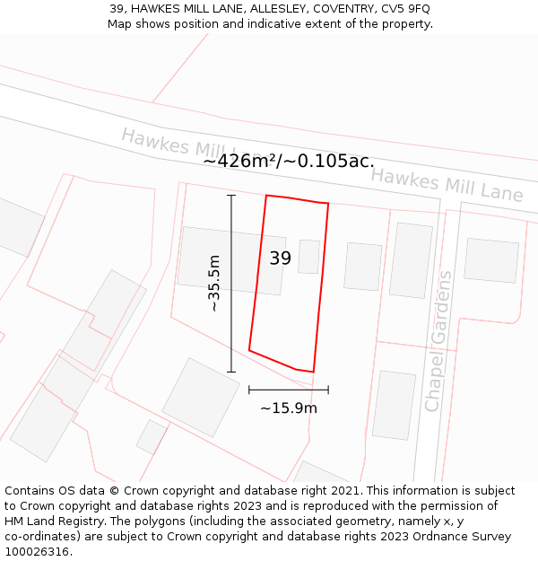 39, HAWKES MILL LANE, ALLESLEY, COVENTRY, CV5 9FQ: Plot and title map