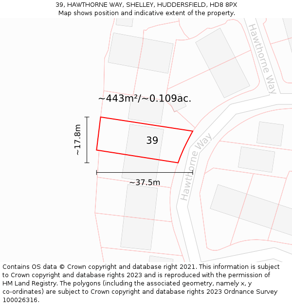 39, HAWTHORNE WAY, SHELLEY, HUDDERSFIELD, HD8 8PX: Plot and title map