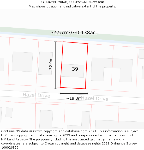 39, HAZEL DRIVE, FERNDOWN, BH22 9SP: Plot and title map