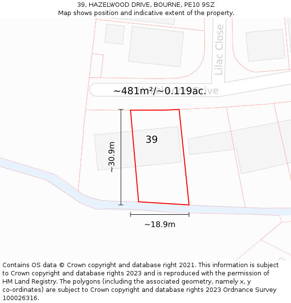 39, HAZELWOOD DRIVE, BOURNE, PE10 9SZ: Plot and title map